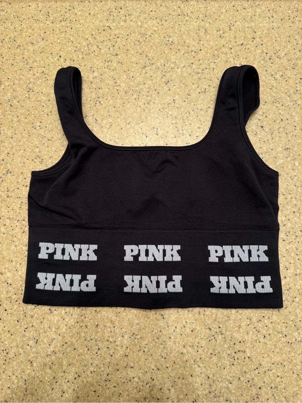 VS PINK Victoria's Secret Black Seamless Longline Sports Bra Logo Crop Tank Sz S